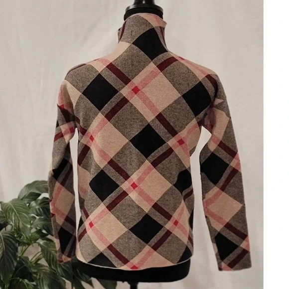 Rachel Zoe Womens XS Plaid Mock Neck Sweater Tan Black Red Long Sleeve Knit Top - Picture 3 of 6